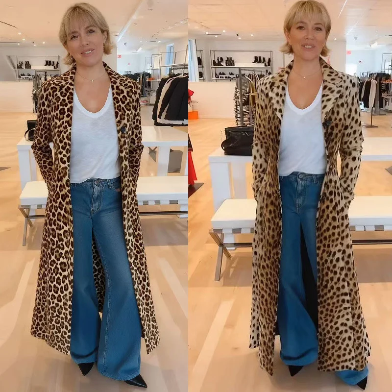 Leopard-print Casual Loose Blazer-style Cardigan Long Coat Trench For Women — image 5