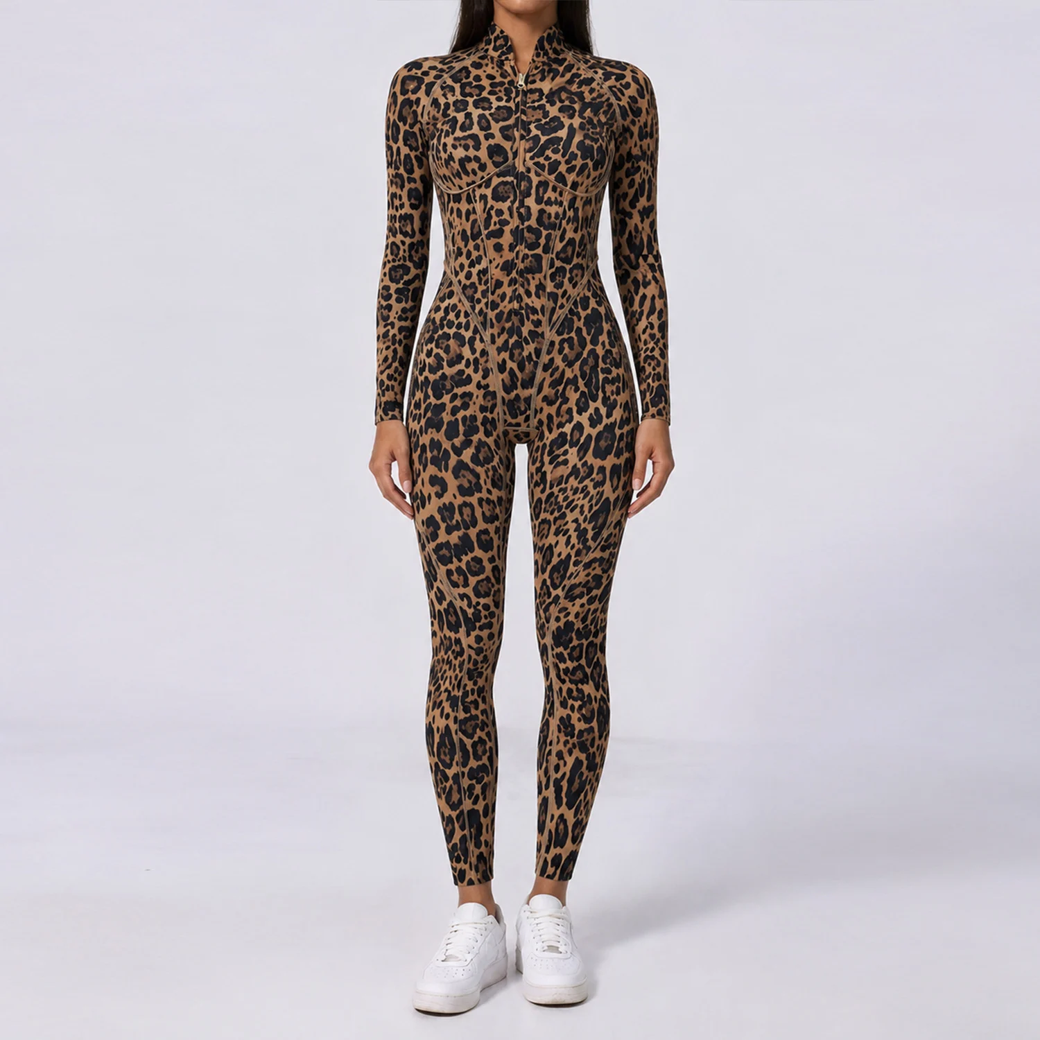 Leopard-print Half-zip Stand-neck Long-sleeve Womens Jumpsuit — image 4