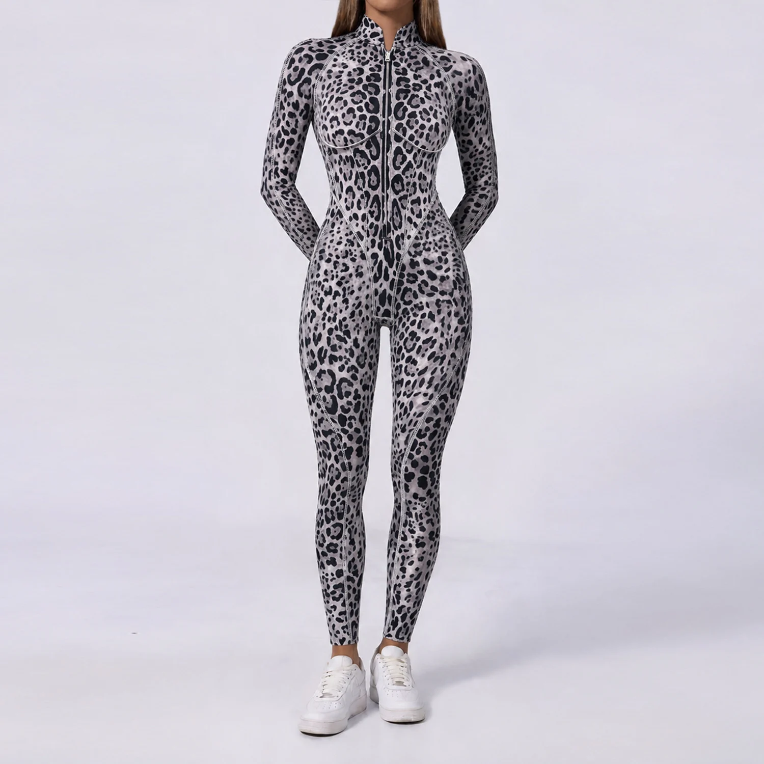 Leopard-print Half-zip Stand-neck Long-sleeve Womens Jumpsuit — image 3
