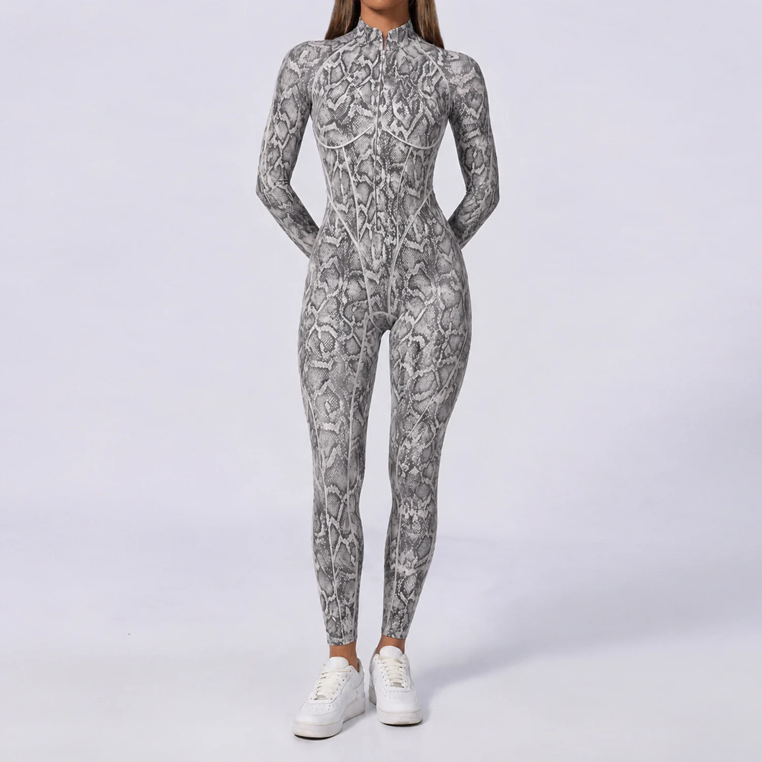Leopard-print Half-zip Stand-neck Long-sleeve Womens Jumpsuit — image 5