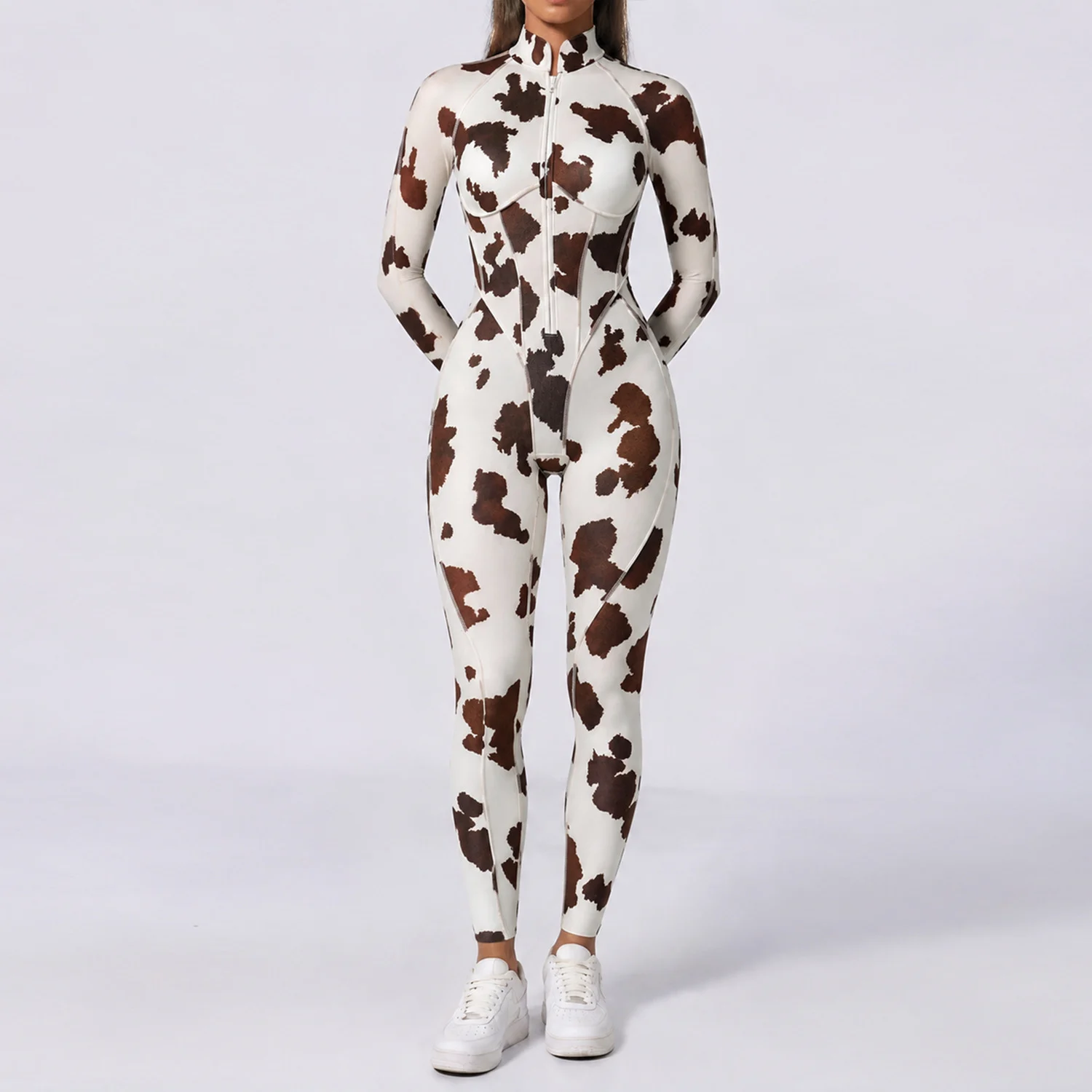 Leopard-print Half-zip Stand-neck Long-sleeve Womens Jumpsuit — image 6