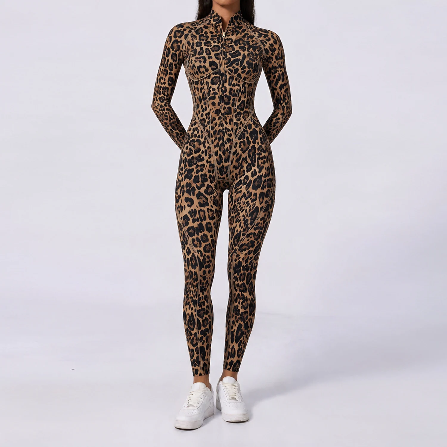 Leopard-print Half-zip Stand-neck Long-sleeve Womens Jumpsuit — image 1