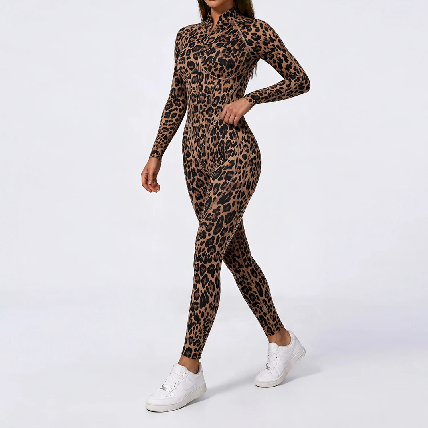 Leopard-print Half-zip Stand-neck Long-sleeve Womens Jumpsuit — image 2