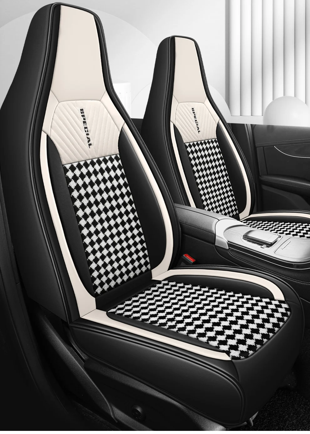 Light Luxury Nordic Style Classic Black White Checkered Plaid Car Seat Covers Full… — image 4