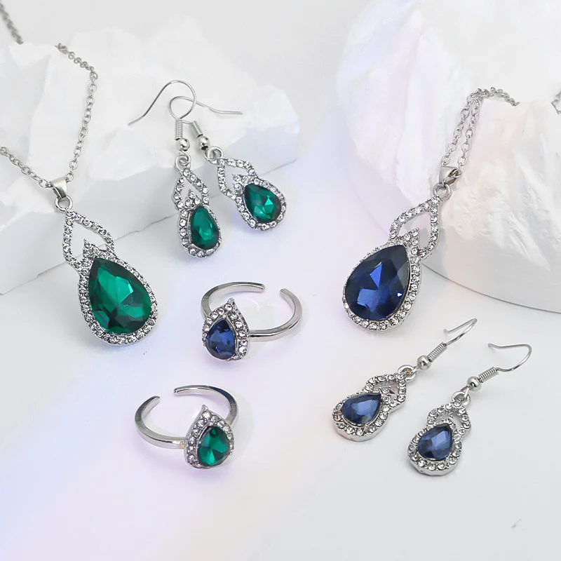 Light Luxury Zircon Necklace Earrings Open Ring Jewelry Suit — image 2