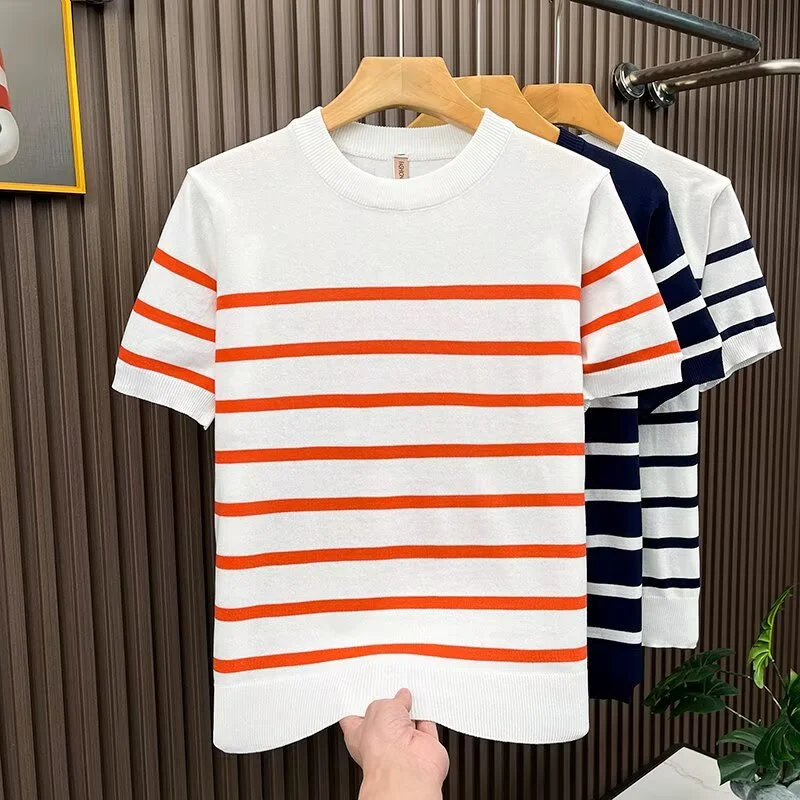 Lightly Mature-style Crew-neck Patchwork Striped Short-sleeve T-shirt For Men — image 4