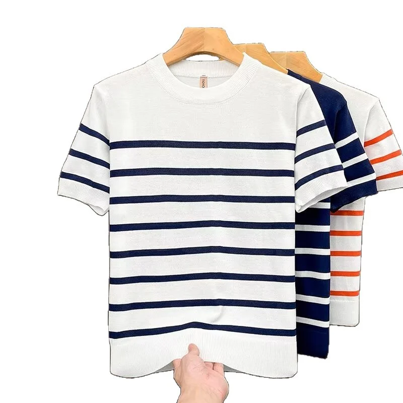 Lightly Mature-style Crew-neck Patchwork Striped Short-sleeve T-shirt For Men — image 5