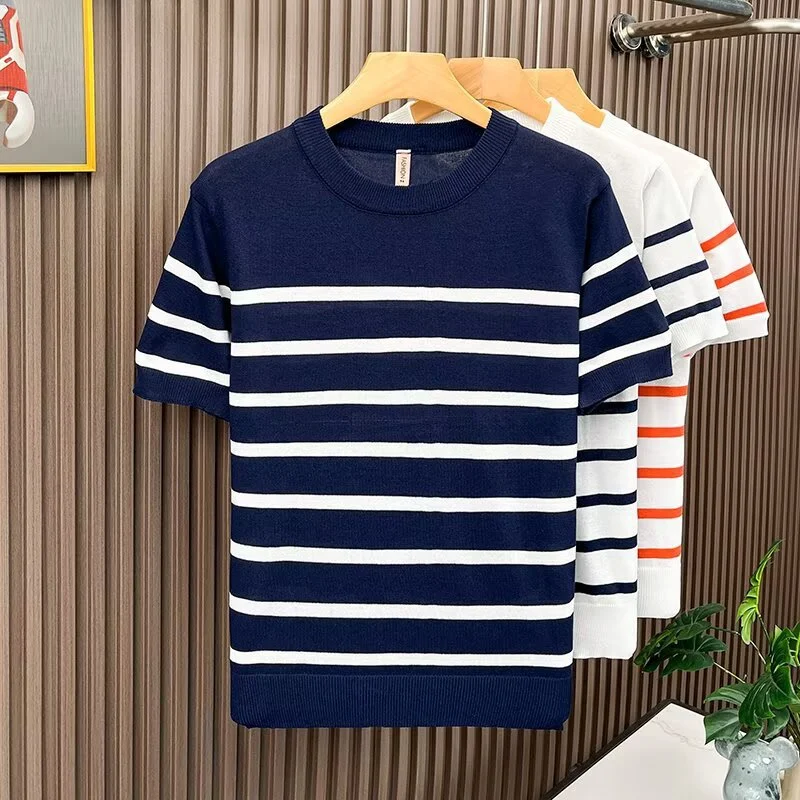 Lightly Mature-style Crew-neck Patchwork Striped Short-sleeve T-shirt For Men — image 3