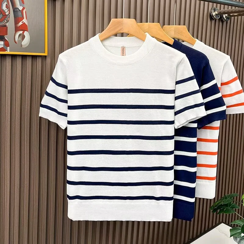 Lightly Mature-style Crew-neck Patchwork Striped Short-sleeve T-shirt For Men — image 1