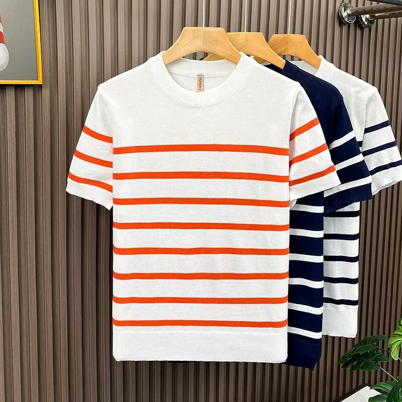 Lightly Mature-style Crew-neck Patchwork Striped Short-sleeve T-shirt For Men — image 2