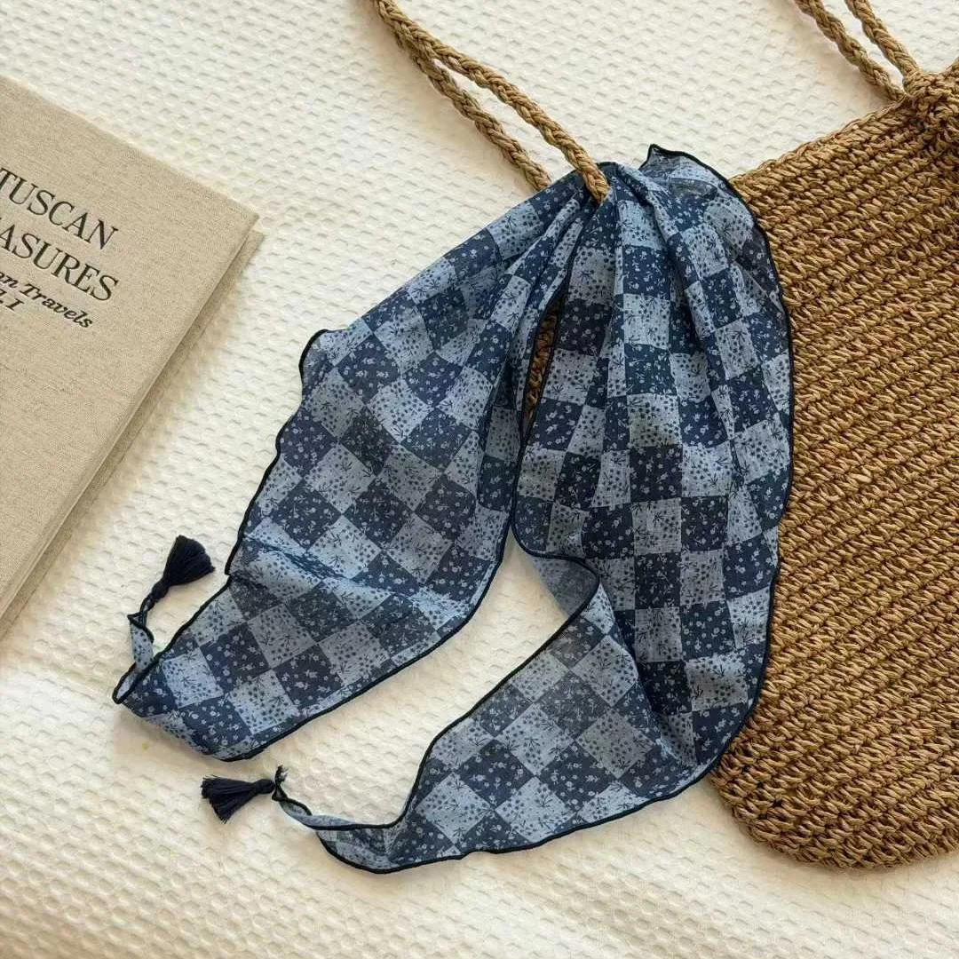 Lightweight Floral Plaid Tassel Triangle Scarf — image 6
