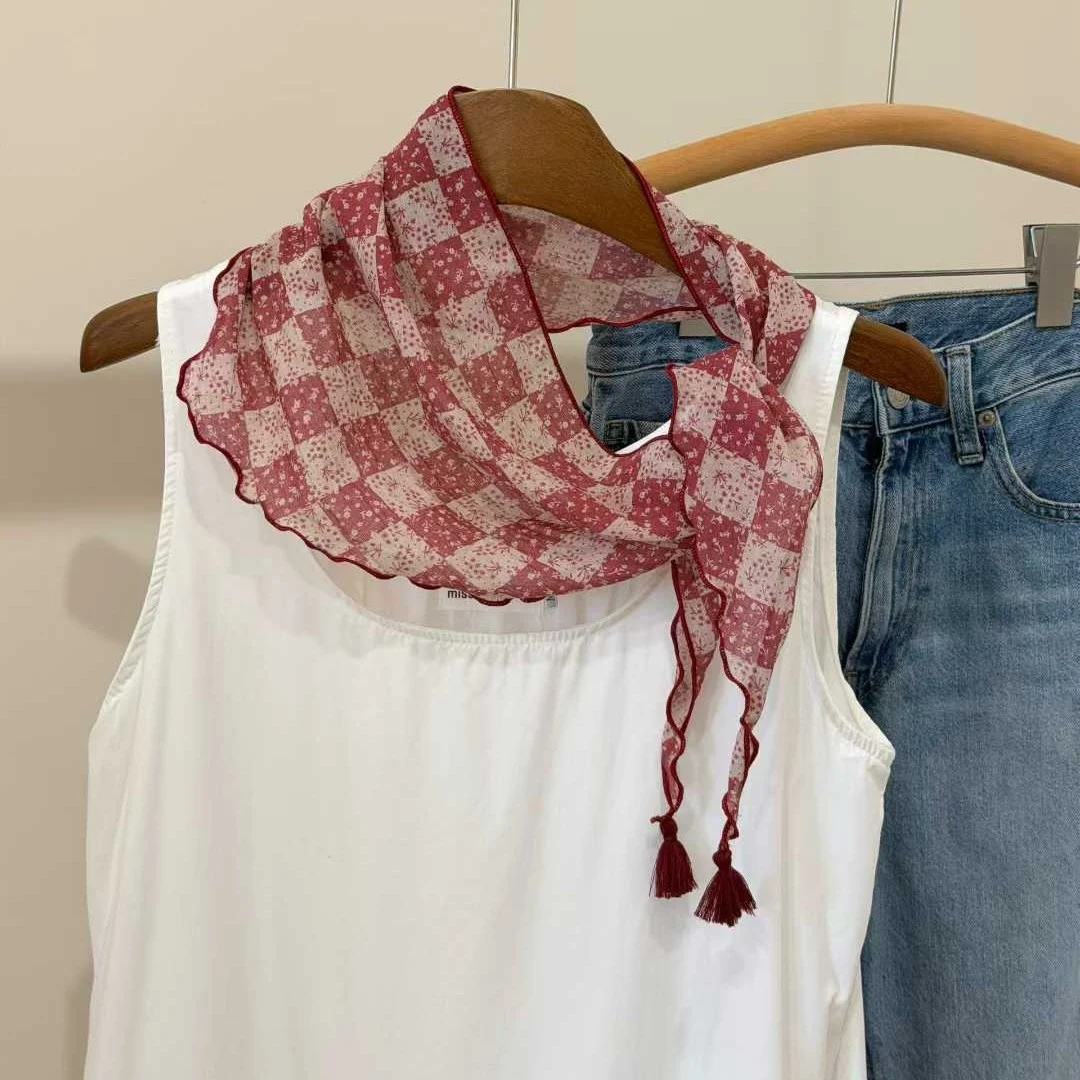 Lightweight Floral Plaid Tassel Triangle Scarf — image 5