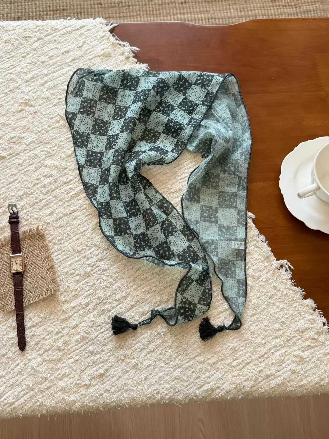 Lightweight Floral Plaid Tassel Triangle Scarf — image 4