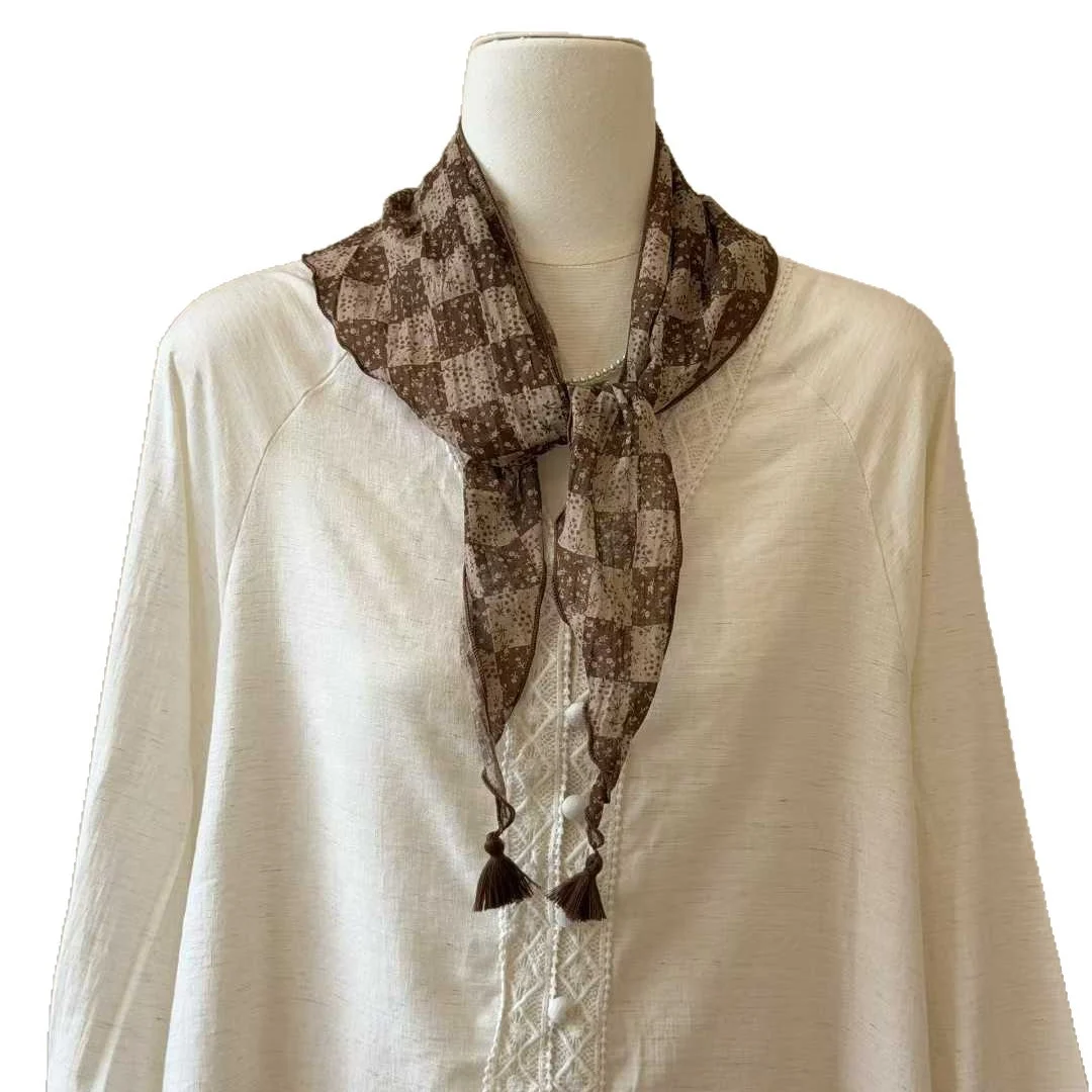 Lightweight Floral Plaid Tassel Triangle Scarf — image 7