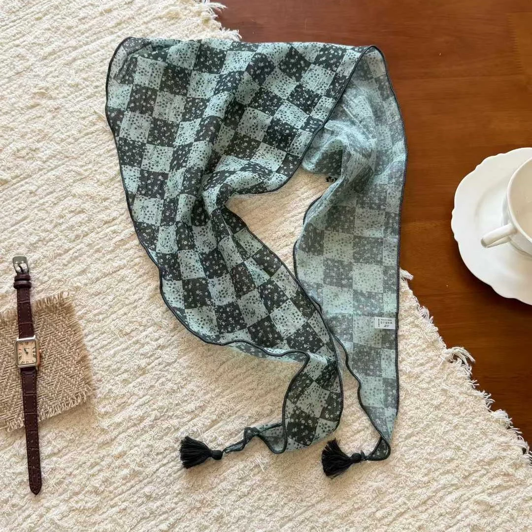 Lightweight Floral Plaid Tassel Triangle Scarf — image 3