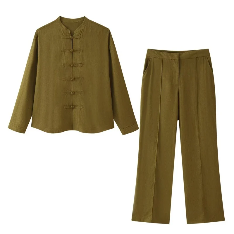 Linen Rope-knot Button-up Shirt And Elegant Straight-leg Trousers Set — image 3