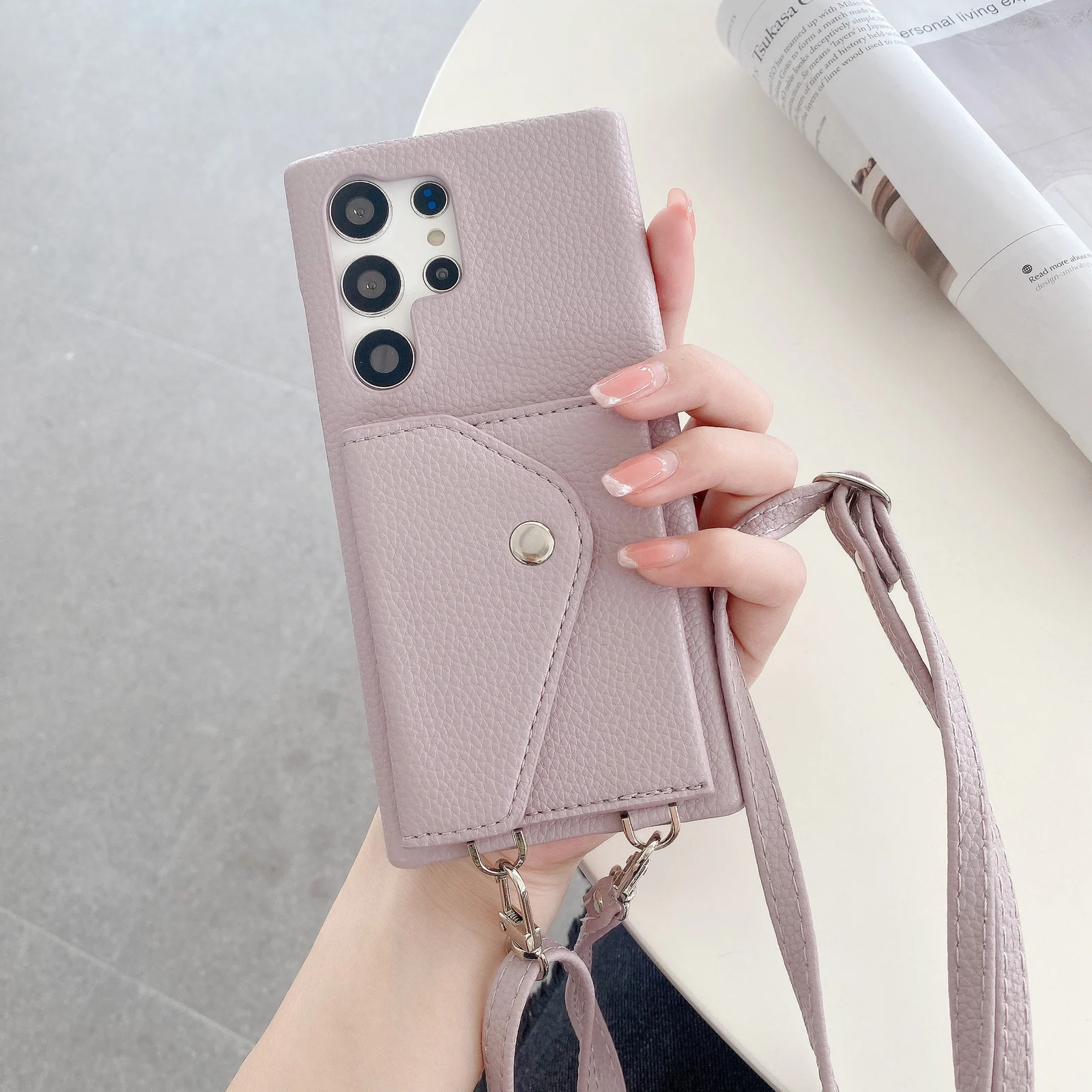 Litchi-textured Triangular Flip Card Holder With Lanyard For S24 Ultra — image 5
