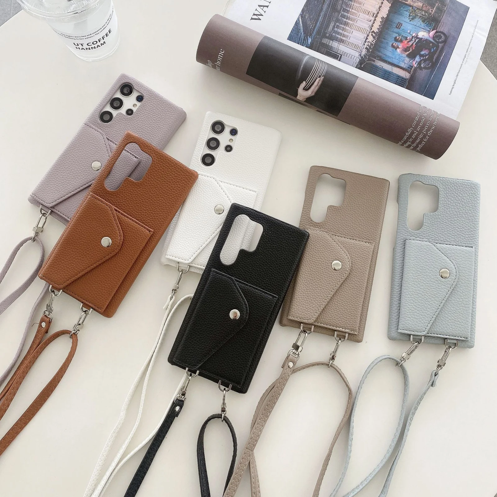 Litchi-textured Triangular Flip Card Holder With Lanyard For S24 Ultra — image 1