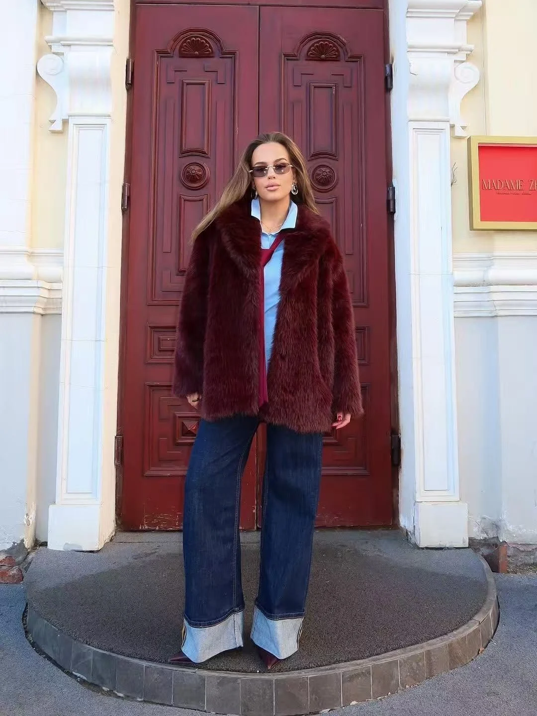 Long Faux Fur Coat With A Large Lapel — image 3