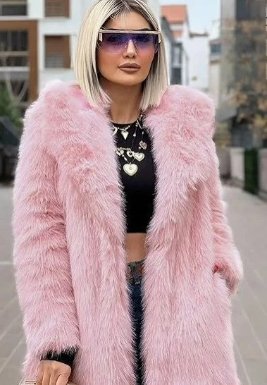 Long Faux Fur Coat With A Large Lapel — image 4