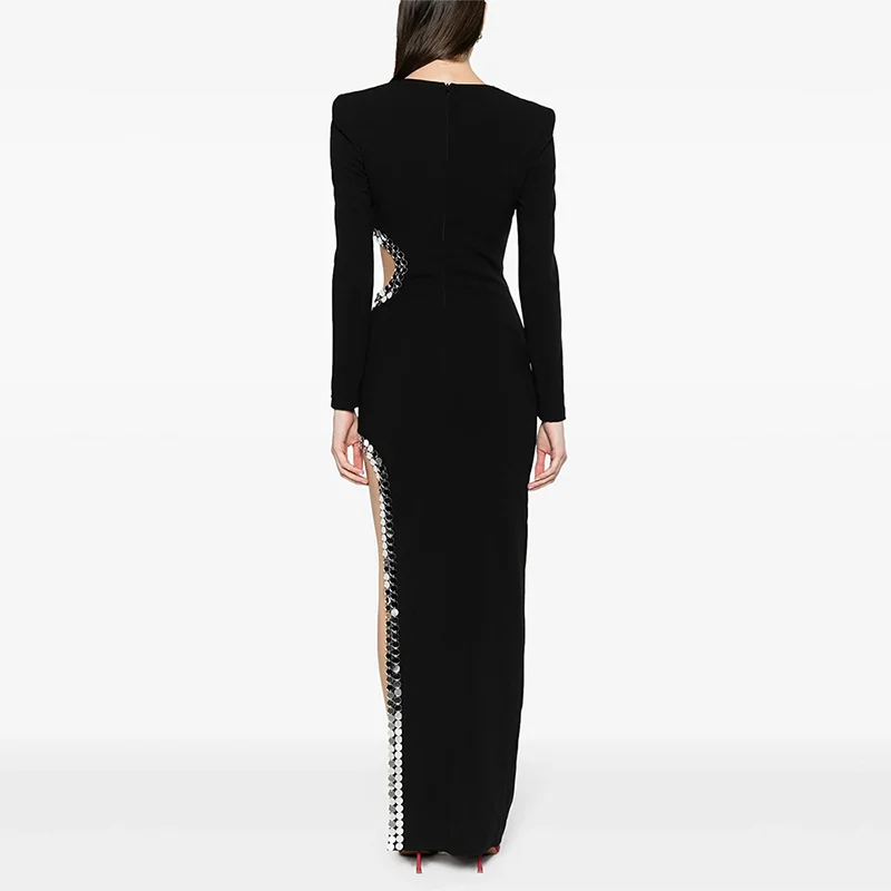 Long-sleeve Crystal-trim Side Cutout Slit Maxi Evening Gown — image 5