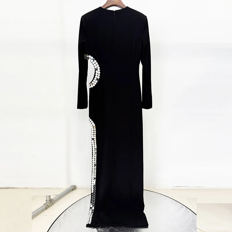 Long-sleeve Crystal-trim Side Cutout Slit Maxi Evening Gown — image 2