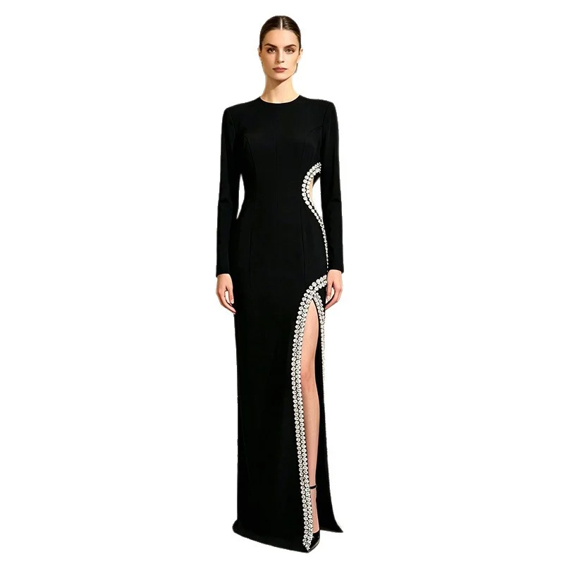 Long-sleeve Crystal-trim Side Cutout Slit Maxi Evening Gown — image 4