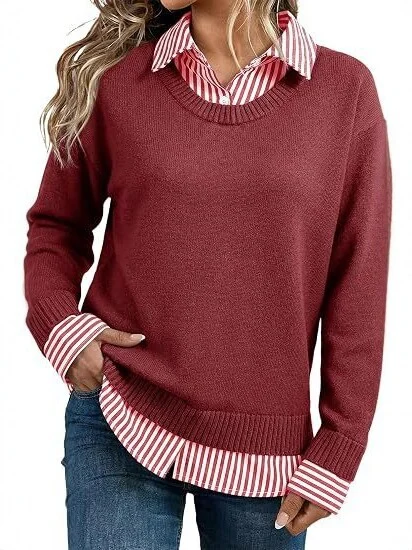 Look Striped Patchwork Sweater For Women, Loose Pullover Knit Top, Style Long Sleeve Shirt — image 7