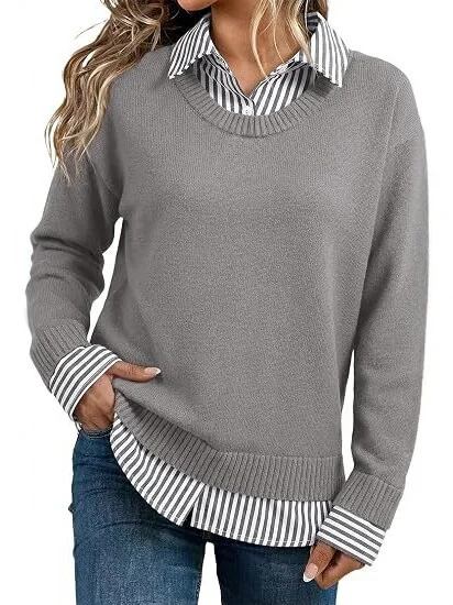 Look Striped Patchwork Sweater For Women, Loose Pullover Knit Top, Style Long Sleeve Shirt — image 6