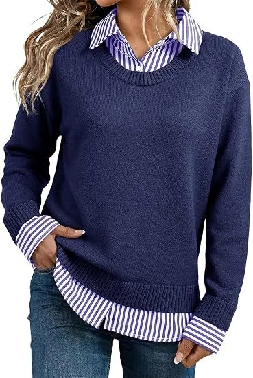 Look Striped Patchwork Sweater For Women, Loose Pullover Knit Top, Style Long Sleeve Shirt — image 10