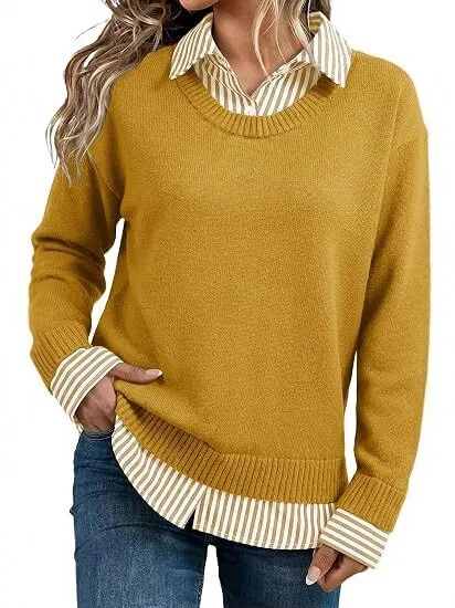 Look Striped Patchwork Sweater For Women, Loose Pullover Knit Top, Style Long Sleeve Shirt — image 3