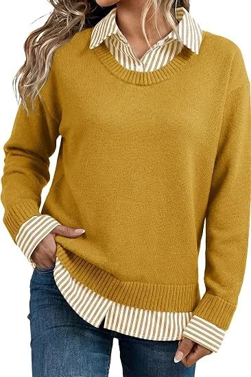 Look Striped Patchwork Sweater For Women, Loose Pullover Knit Top, Style Long Sleeve Shirt — image 8