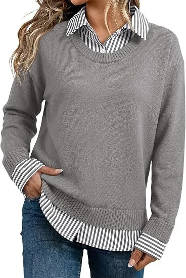 Look Striped Patchwork Sweater For Women, Loose Pullover Knit Top, Style Long Sleeve Shirt — image 4