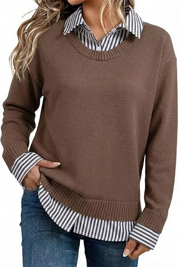 Look Striped Patchwork Sweater For Women, Loose Pullover Knit Top, Style Long Sleeve Shirt — image 2