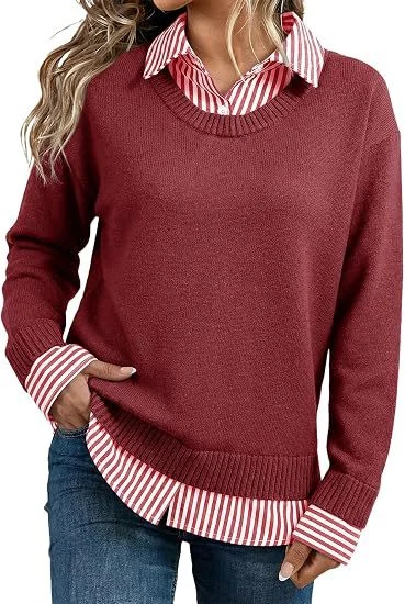 Look Striped Patchwork Sweater For Women, Loose Pullover Knit Top, Style Long Sleeve Shirt — image 9