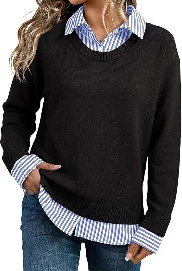 Look Striped Patchwork Sweater For Women, Loose Pullover Knit Top, Style Long Sleeve Shirt — image 5