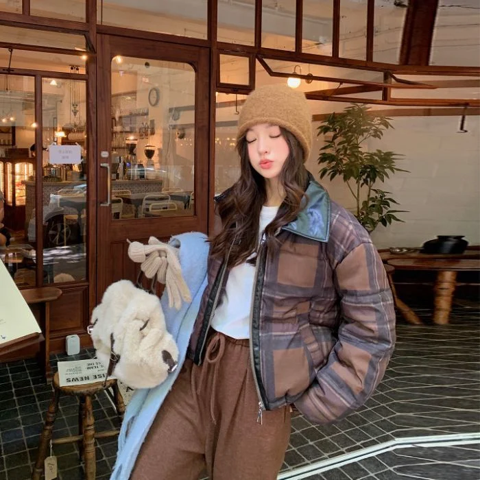 Loose-fit Stand-collar Plaid Padded Coat For Women — image 7