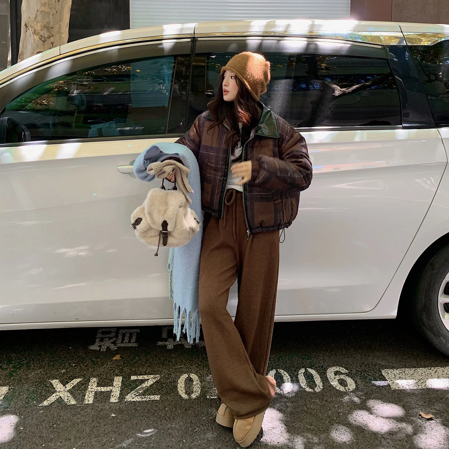 Loose-fit Stand-collar Plaid Padded Coat For Women — image 3