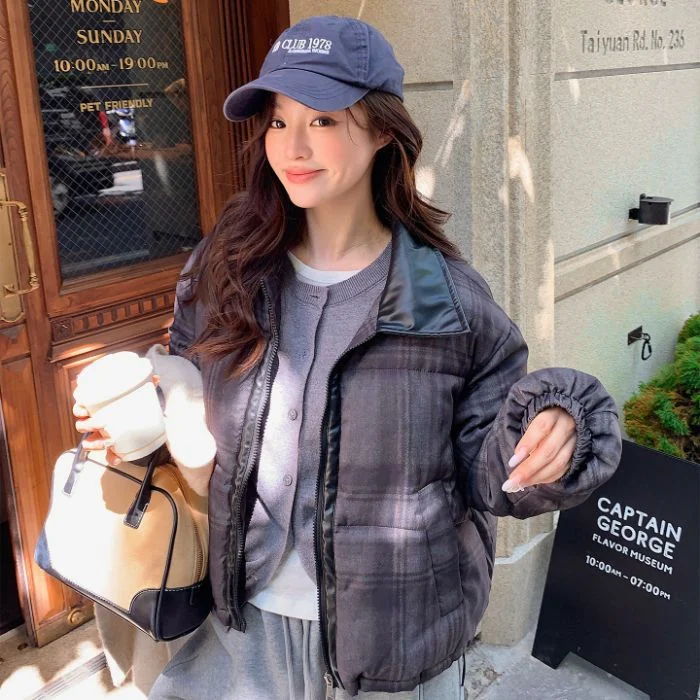 Loose-fit Stand-collar Plaid Padded Coat For Women — image 4