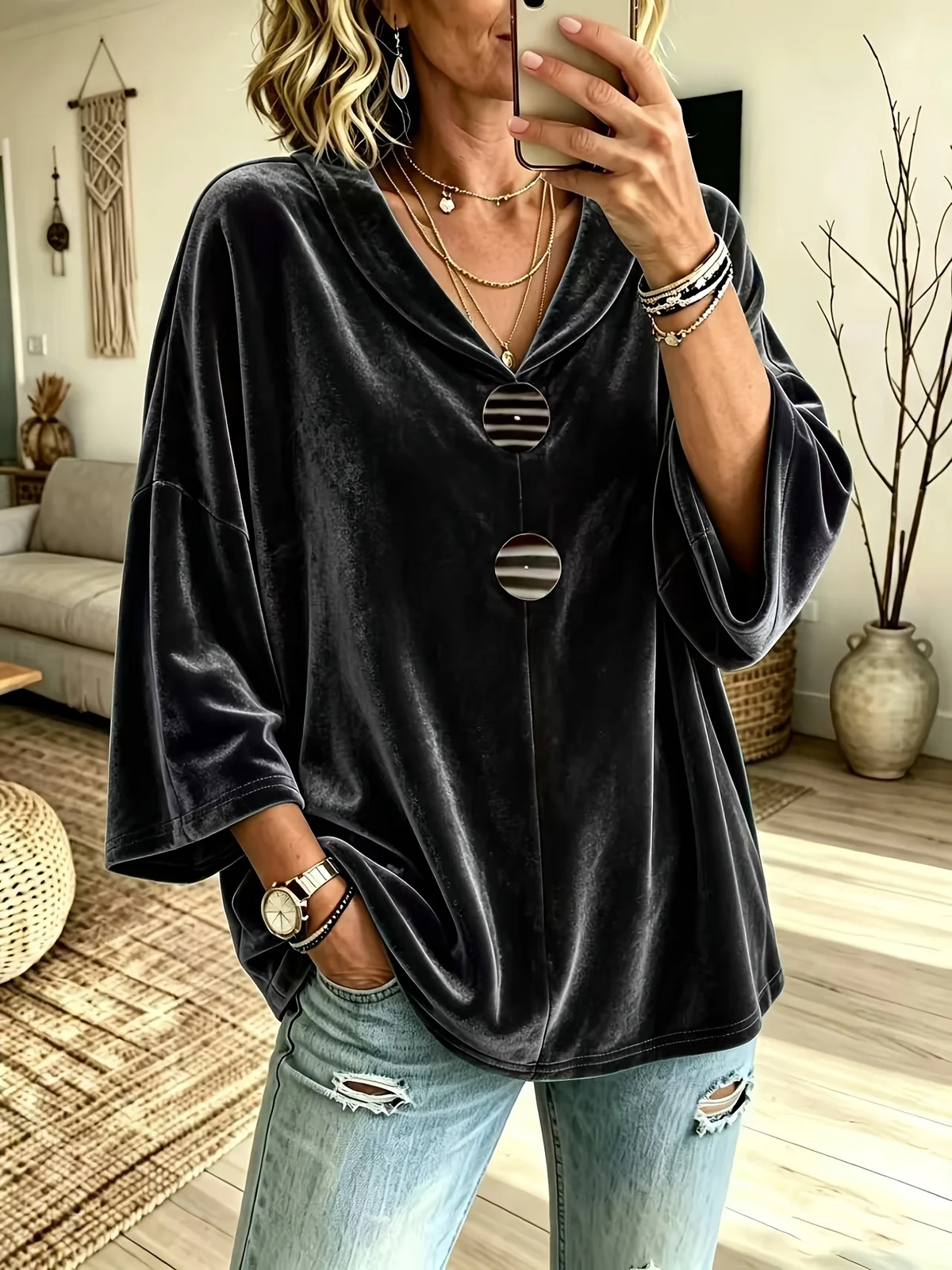 Loose-fitting Womens Casual Top With A Half-placket And Buttons — image 3