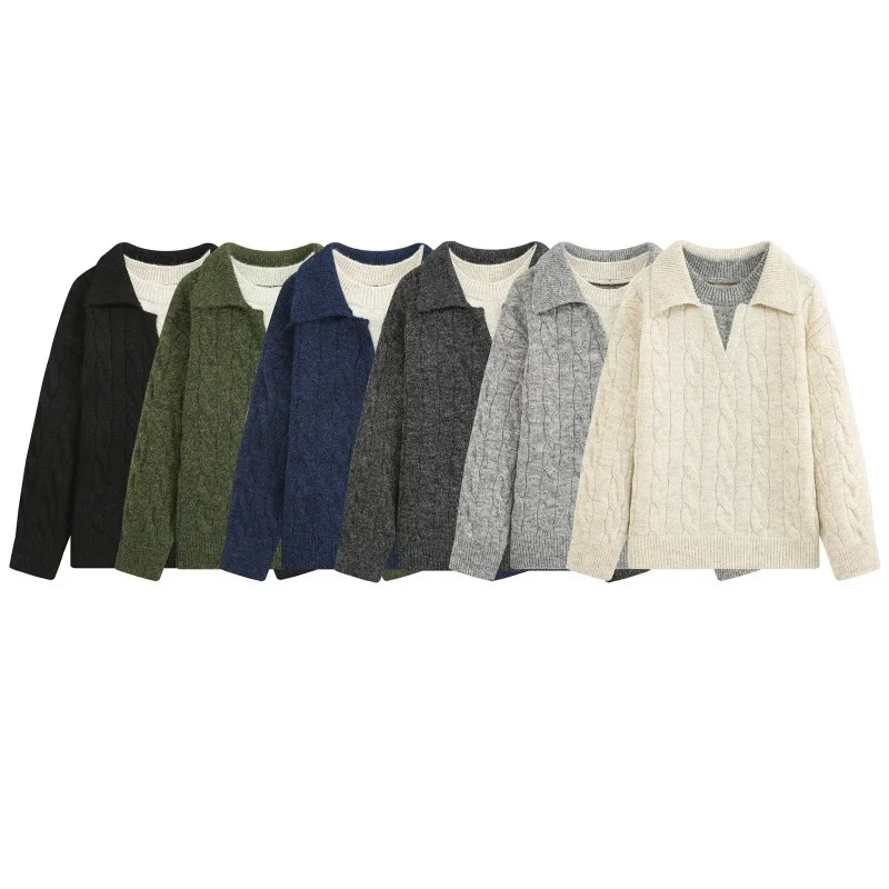 Loose-textured Faux Two-piece Color-block Knitted Pullover Sweater — image 5