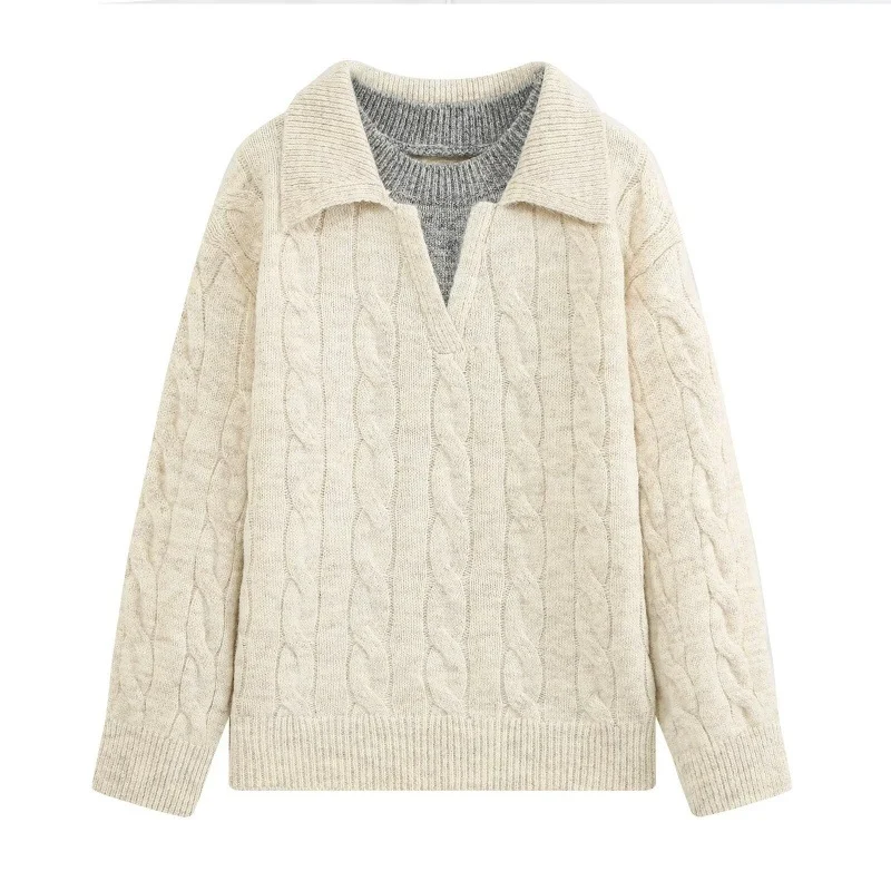 Loose-textured Faux Two-piece Color-block Knitted Pullover Sweater — image 1