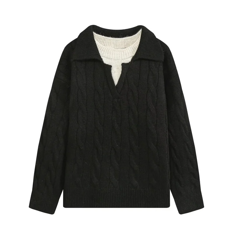 Loose-textured Faux Two-piece Color-block Knitted Pullover Sweater — image 7