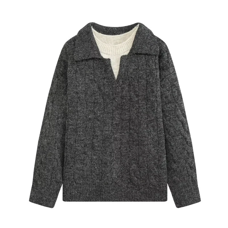 Loose-textured Faux Two-piece Color-block Knitted Pullover Sweater — image 2