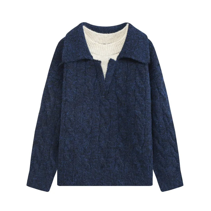 Loose-textured Faux Two-piece Color-block Knitted Pullover Sweater — image 3