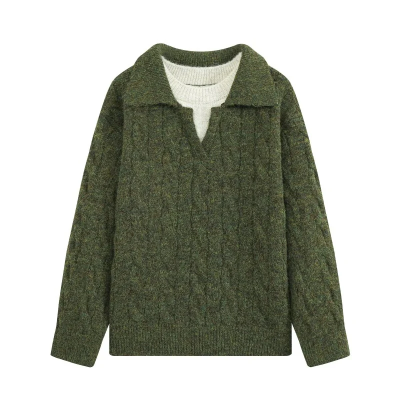 Loose-textured Faux Two-piece Color-block Knitted Pullover Sweater — image 4