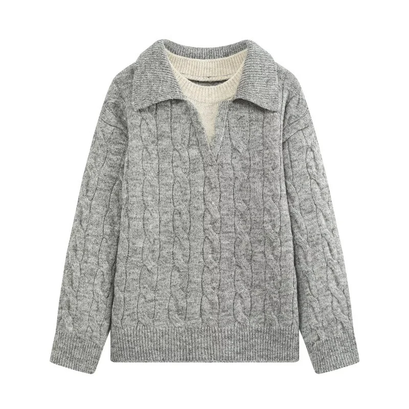 Loose-textured Faux Two-piece Color-block Knitted Pullover Sweater — image 6