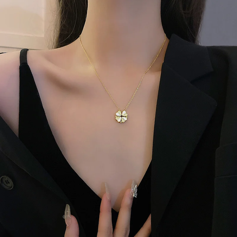 Luxury Four Leaf Clover Pendant Necklace Stainless Steel Crystal Heart Jewelry For… — image 5