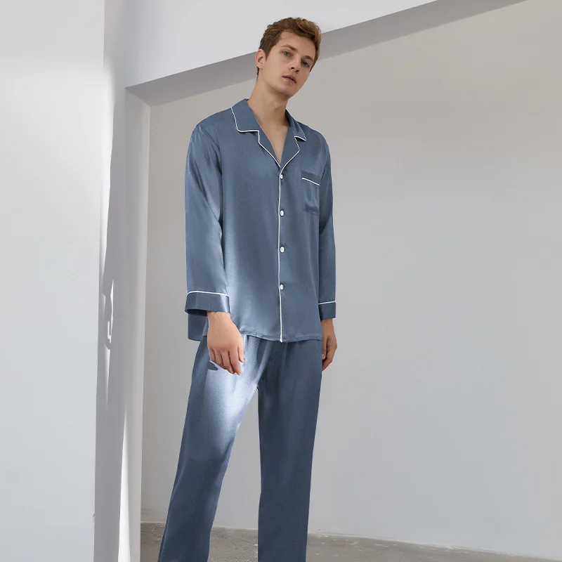 Luxury Silk Pajamas For Menlong-sleeved Top And Long Pants Set — image 2