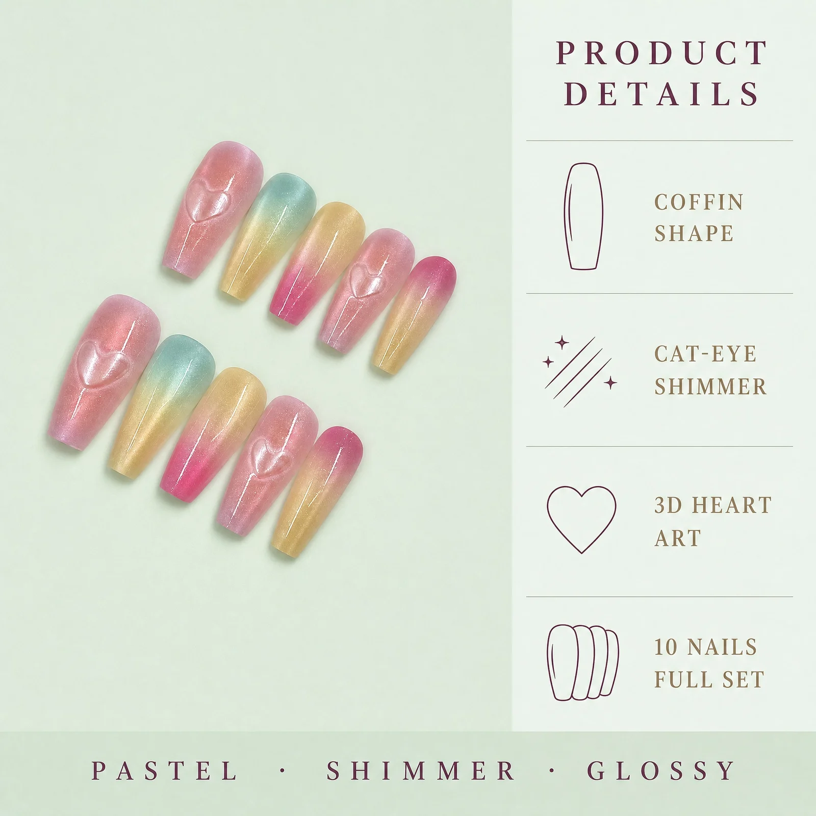 Macaron Cat-eye Heart Press-on Nails — image 4